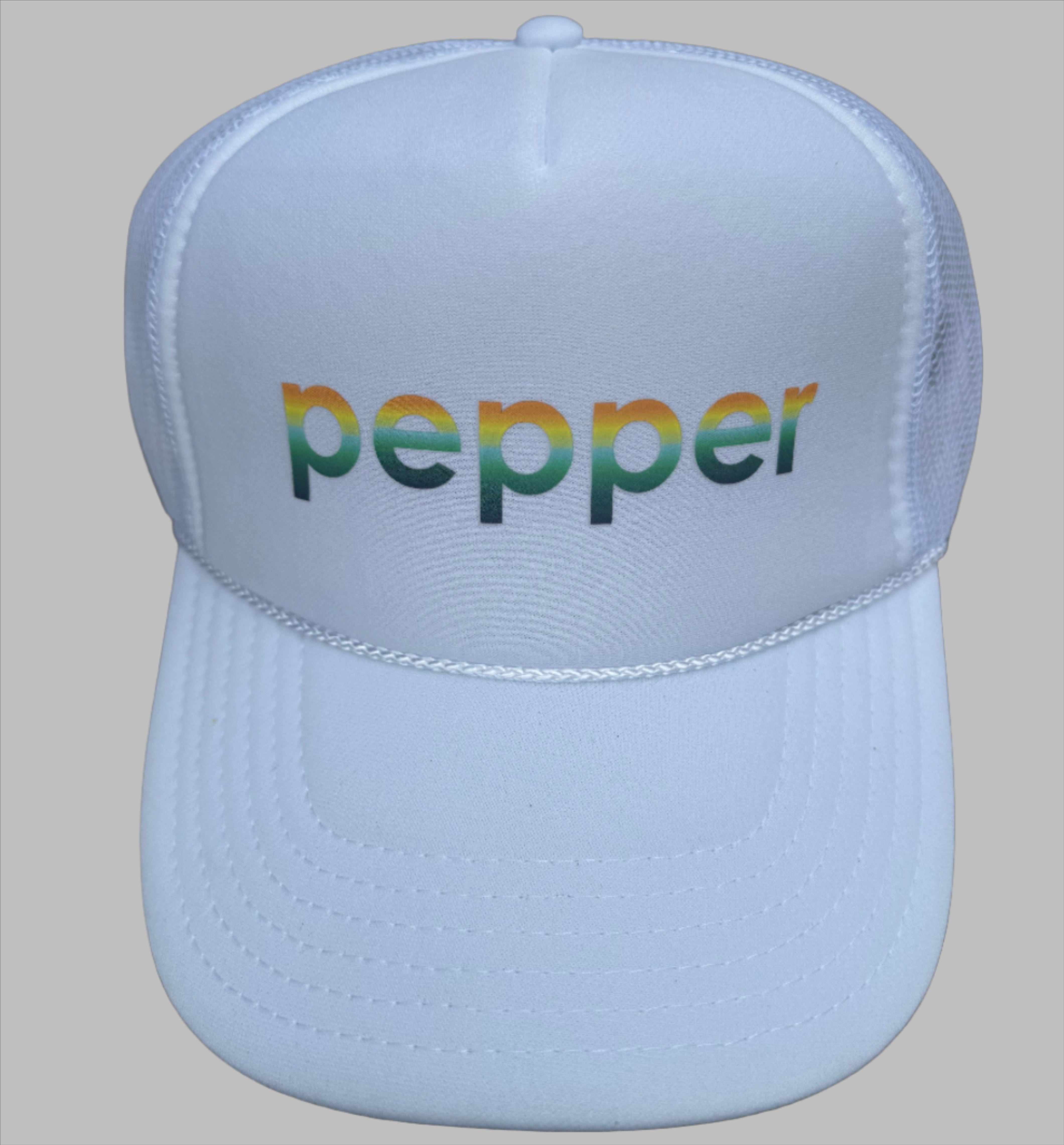 Pepper Logo Trucker Hat gradient logo orange yellow green teal on white otto cap