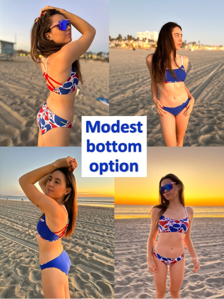 Girl on beach in bikini SUNSET TOP (Series II) | Reversible Adjustable Sport Bikini Top Blue + PitViper Merika Scuba Print from Pepper Swimwear