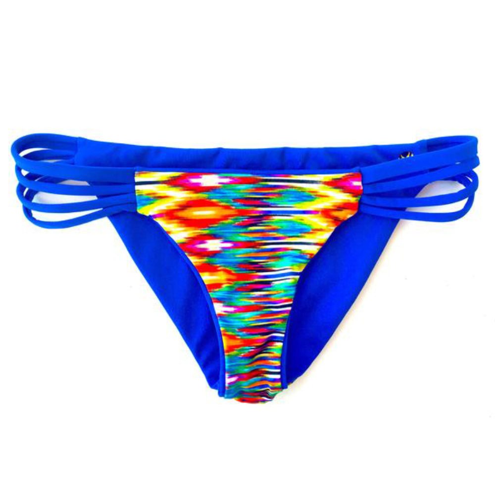 reversible sport bikini bottom california coverage moderate sapphire multicolor ikat El Matador beach volleyball surfing Pepper Swimwear active beach lifestyle