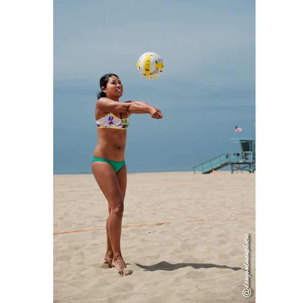 reversible sport bikini bottom california coverage moderate green blue tribal El Matador beach volleyball surfing Pepper Swimwear active beach lifestyle