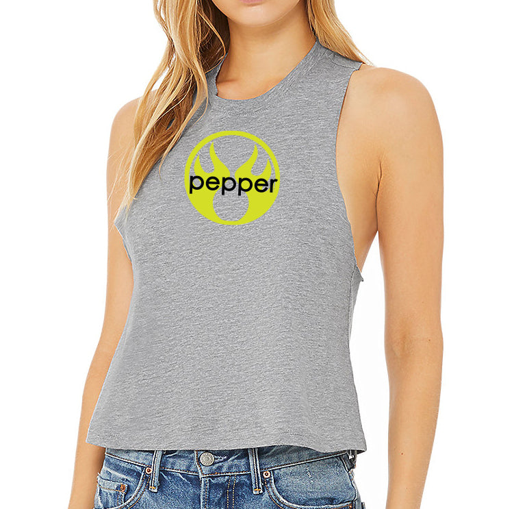 Pepper Swimwear graphic logo cropped racerback tank, flattering, stylish, for beach, yoga, gym, chill