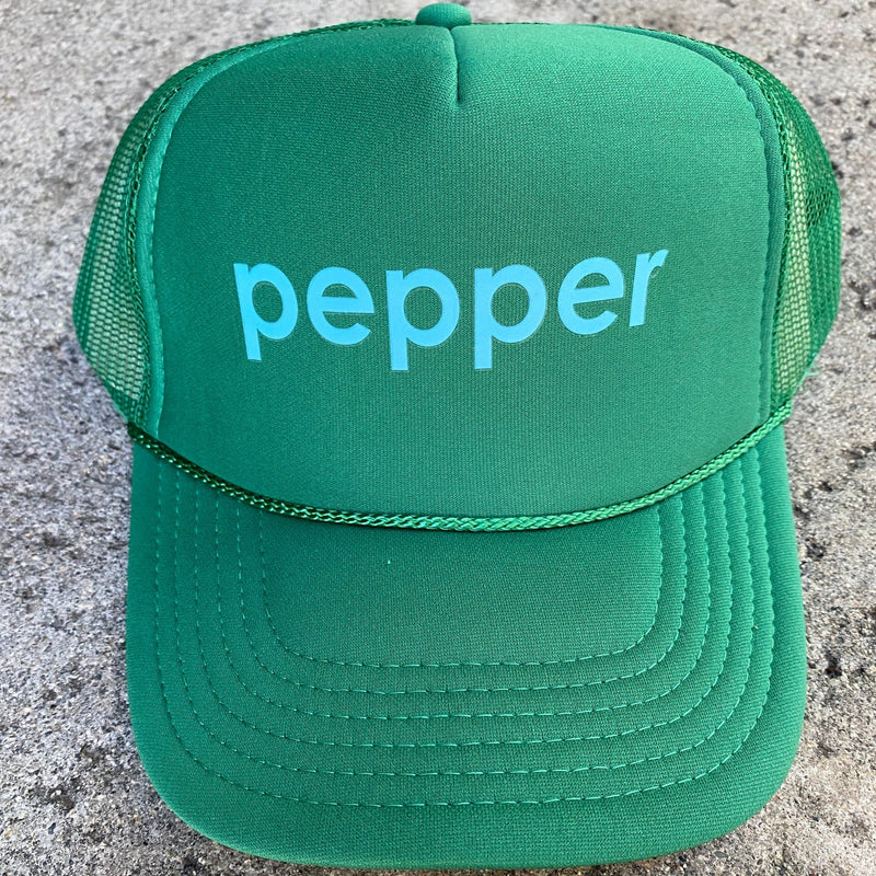 Blue Pepper Logo on Green Trucker Hat