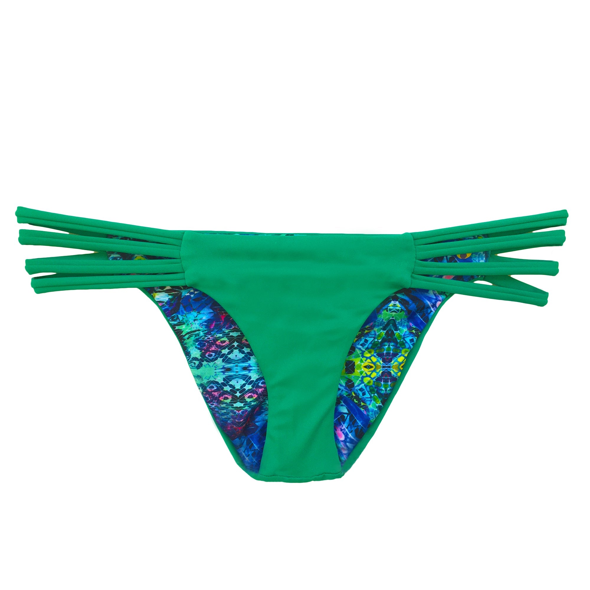 reversible sport bikini bottom california coverage moderate green blue tribal El Matador beach volleyball surfing Pepper Swimwear active beach lifestyle