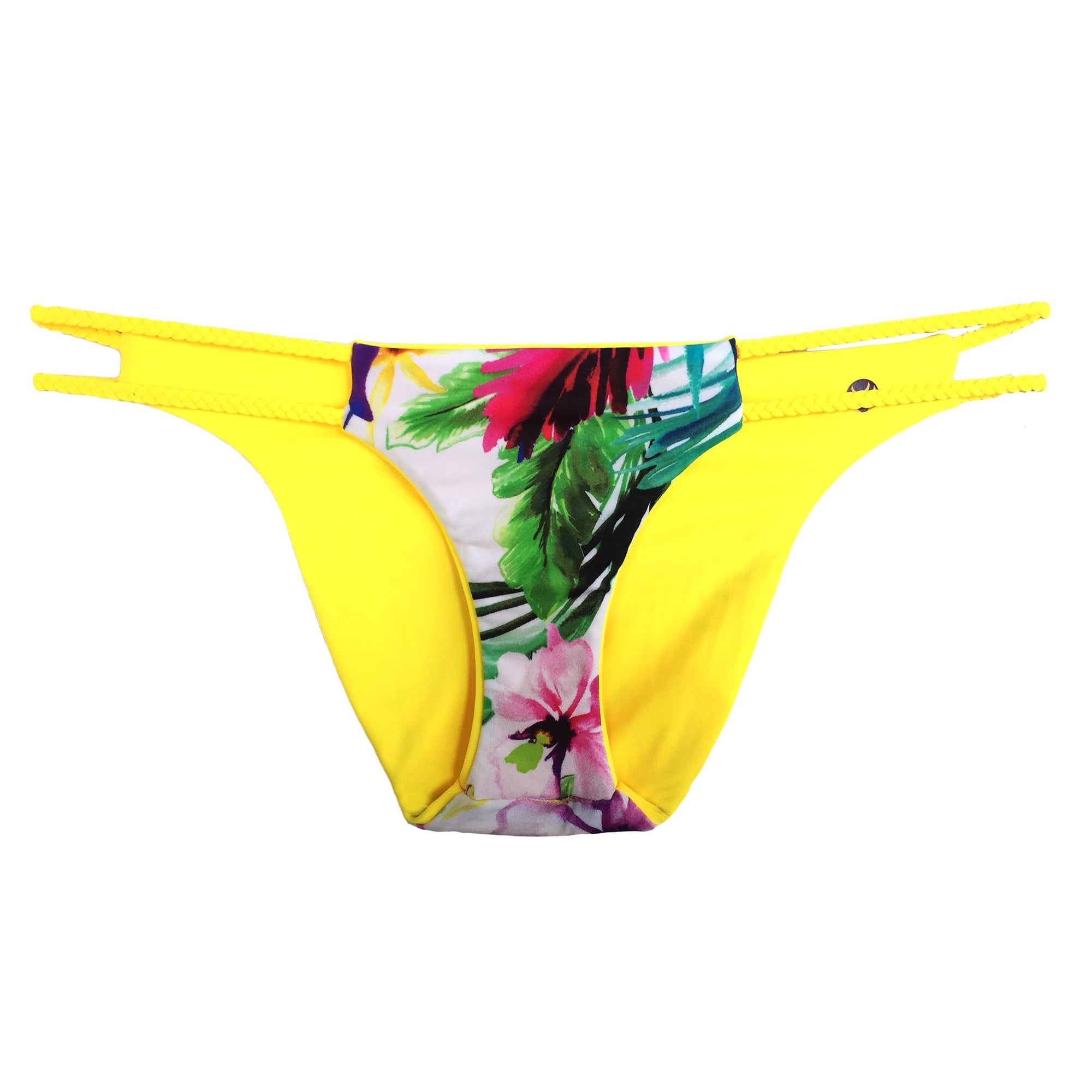 reversible sport bikini bottom yellow floral print braid East beach volleyball surfing Pepper Swimwear active beach lifestyle