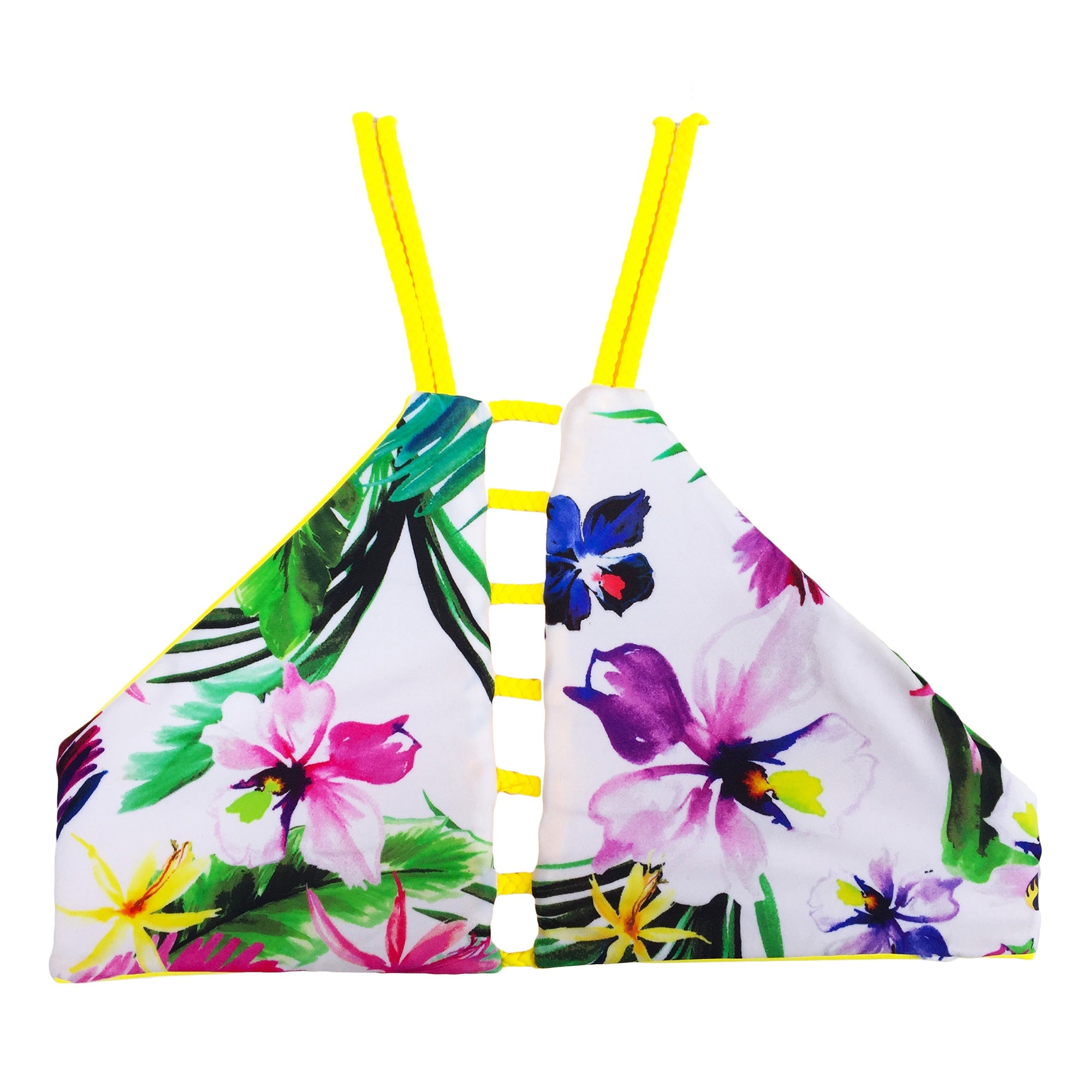 reversible athletic bikini top high neck yellow floral East Beach braid strap beach volleyball surfing yoga Pepper Swimwear