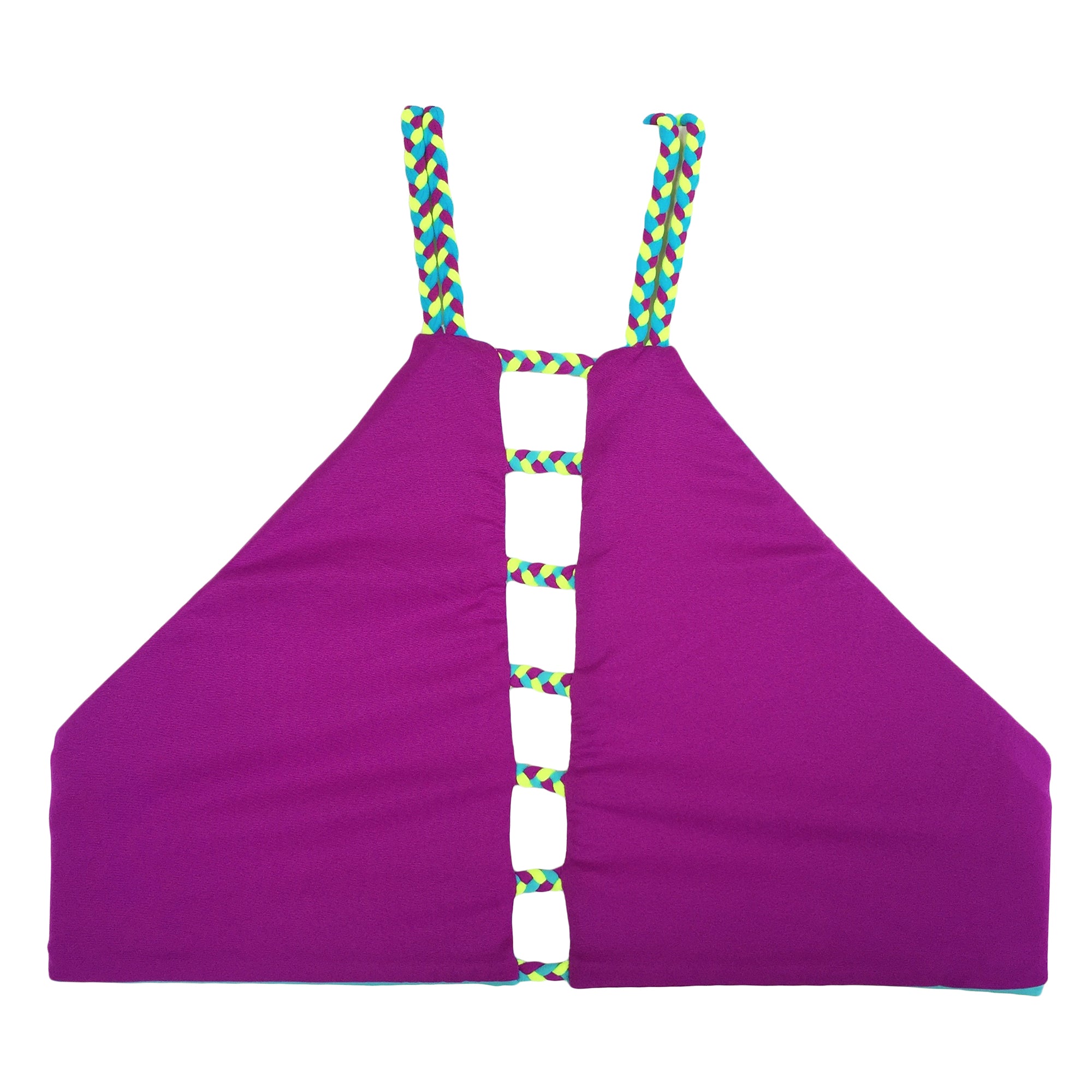 reversible athletic bikini top high neck Cabo turquoise fuchsia East Beach braid strap beach volleyball surfing yoga Pepper Swimwear