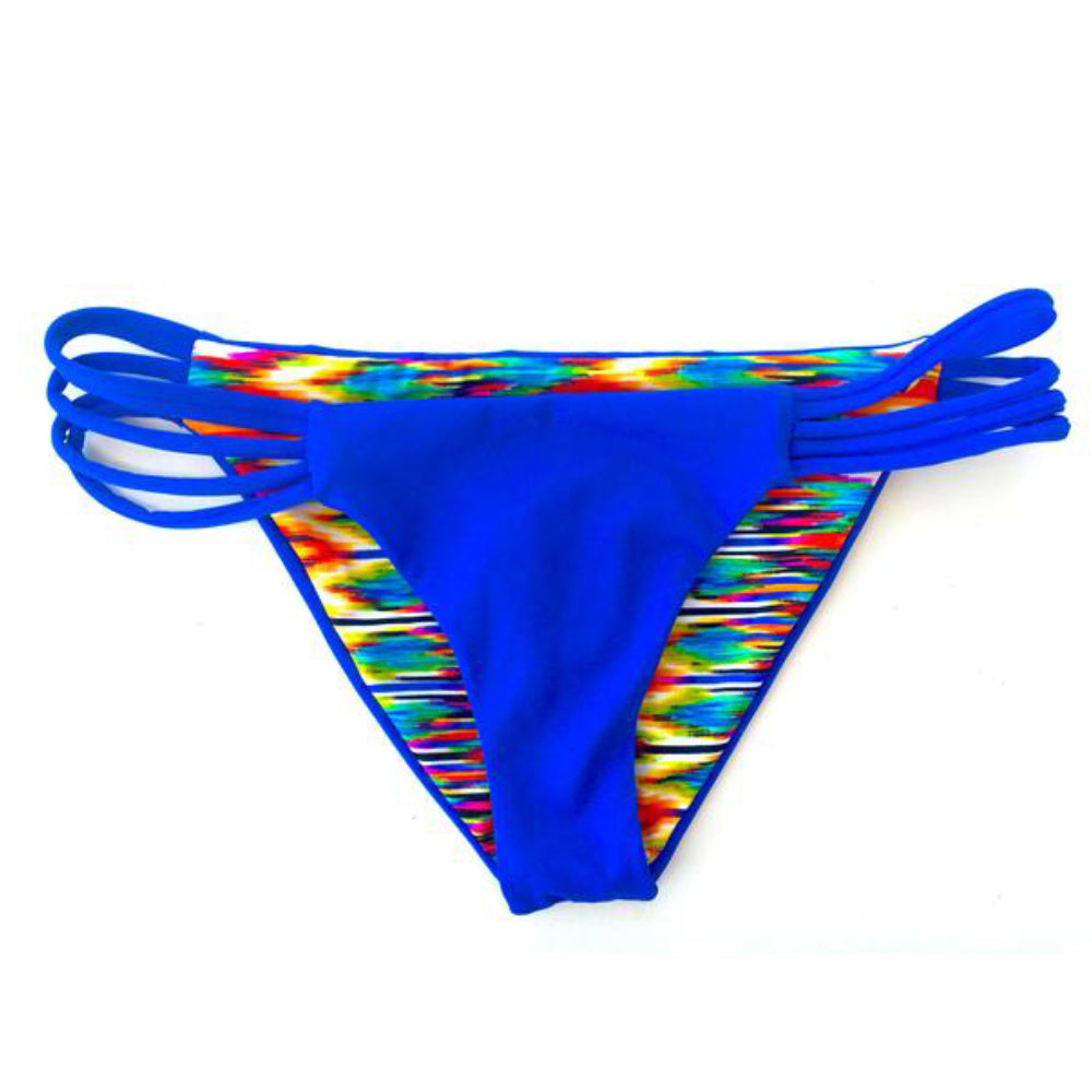 reversible sport bikini bottom california coverage moderate sapphire multicolor ikat  El Matador beach volleyball surfing Pepper Swimwear active beach lifestyle