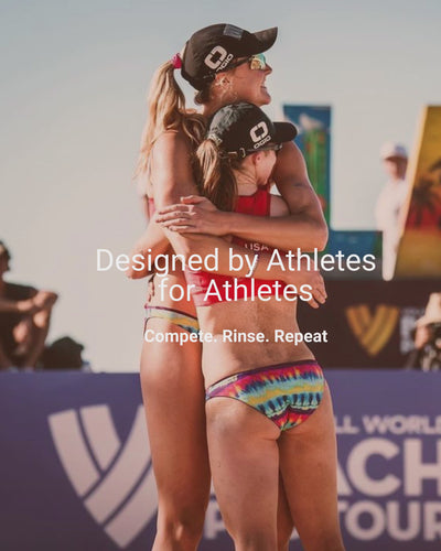 Slideshow of Kristen Nuss and Taryn Kloth celebrating a beach volleyball win, close-up of woman surfing, woman posing by Lifeguard Tower, woman doing a volleyball dive, woman performing a handstand on a paddleboard.