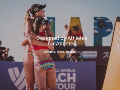 Slideshow of Kristen Nuss and Taryn Kloth celebrating a beach volleyball win, close-up of woman surfing, woman posing by Lifeguard Tower, woman doing a volleyball dive, woman performing a handstand on a paddleboard.