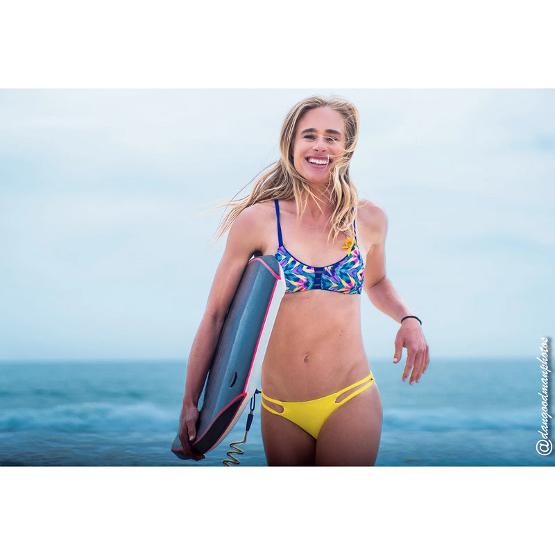 reversible sport bikini bottom yellow floral print braid East beach volleyball surfing Pepper Swimwear active beach lifestyle