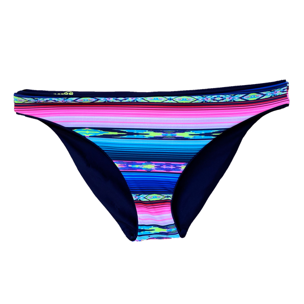 reversible sport bikini bottom modest mid rise Sunset beach volleyball surfing Pepper Swimwear Mexican Blanket Serape print reverses to solid black