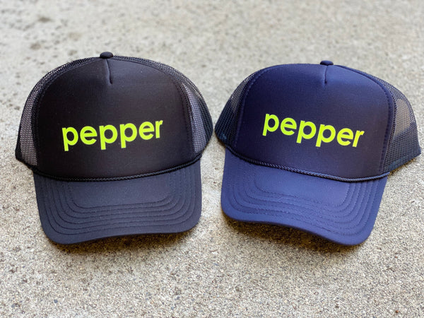 Neon yellow logo pepper trucker hat otto caps snap back cap black navy sport trucker foam front