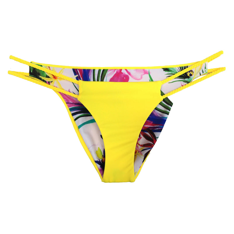 reversible sport bikini bottom yellow floral print braid East beach volleyball surfing Pepper Swimwear active beach lifestyle