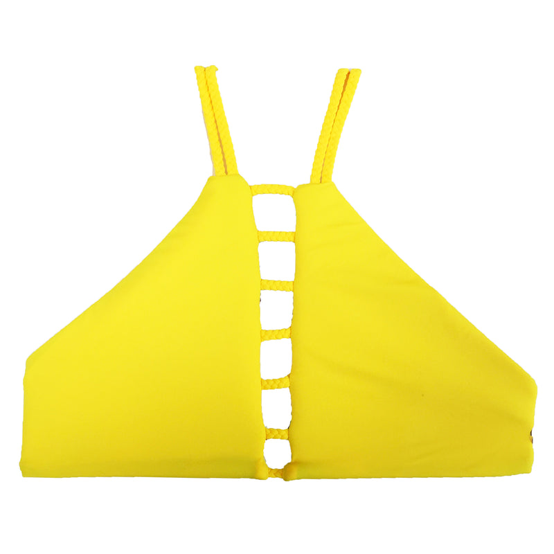 reversible athletic bikini top high neck yellow floral East Beach braid strap beach volleyball surfing yoga Pepper Swimwear