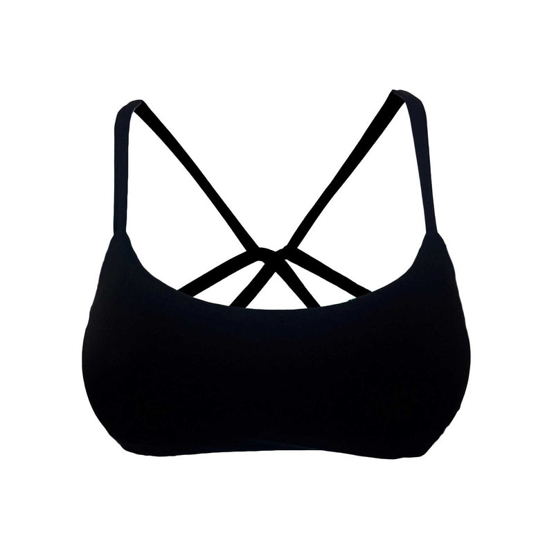 A 3D view of a solid black bandeau front sport bikini top with cross back straps.