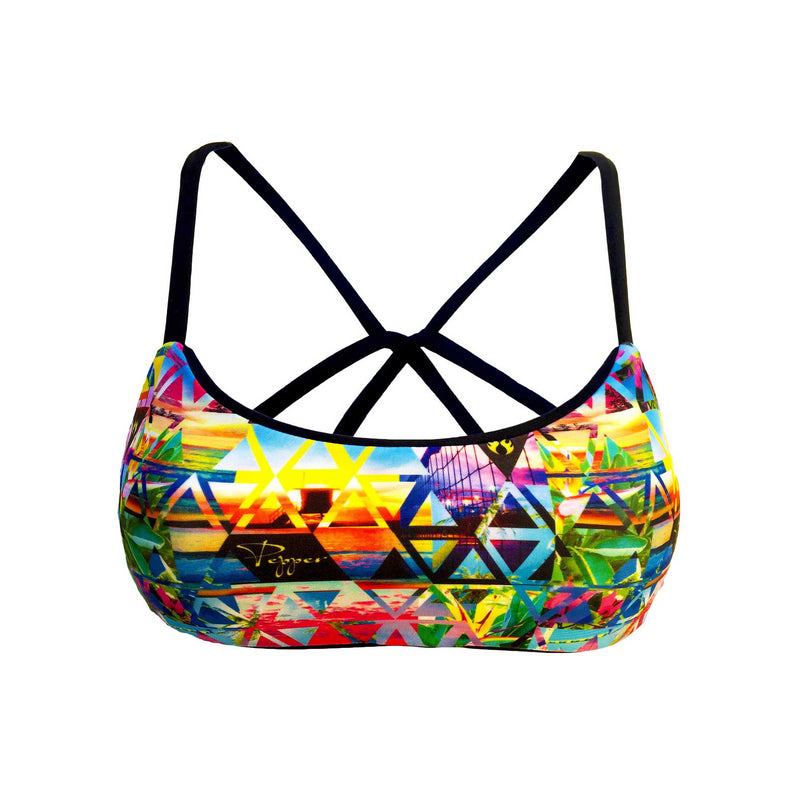 A 3D view of a bandeau front sport bikini top with a colorful beach lifestyle geometric print and black straps.