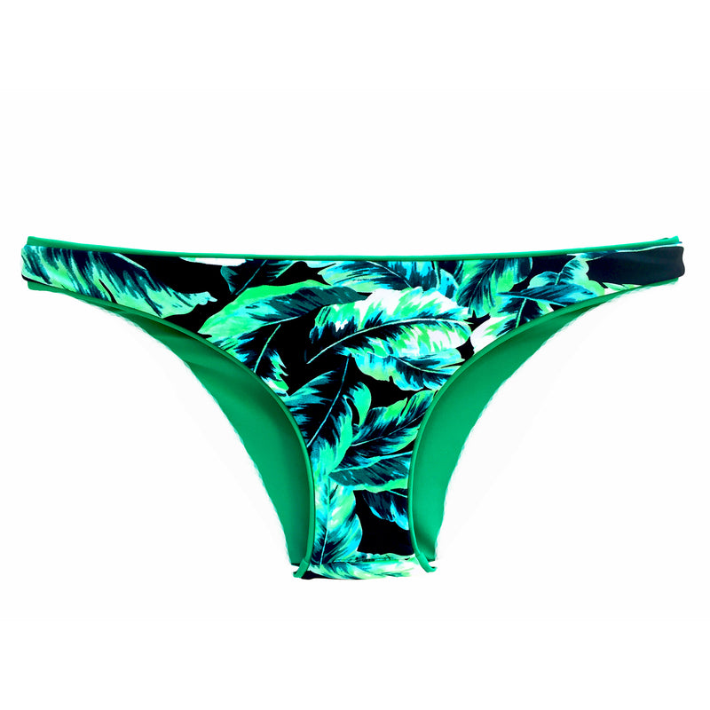 reversible sport bikini bottom cheeky mid rise Sunset beach volleyball surfing yoga paddle Pepper Swimwear solid green reverses to leaf print