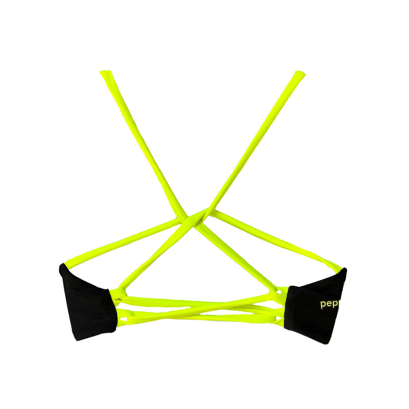 A view on the back of a black sport bikini top with neon lime straps forming a cross back design.
