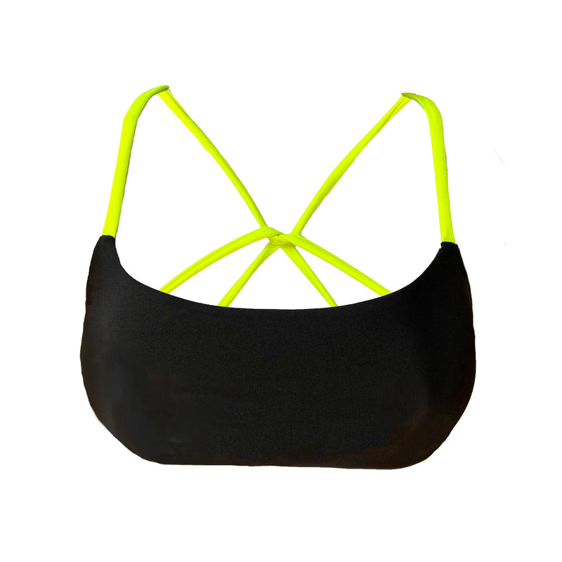 A 3D image of a bandeau front sport bikini top in solid black with neon lime straps.