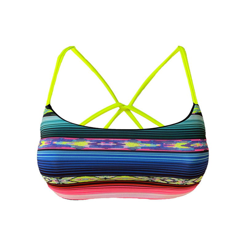 A 3D image of an a bandeau front athletic swimwear top with a colorful mexican blanket serape print and neon lime straps.