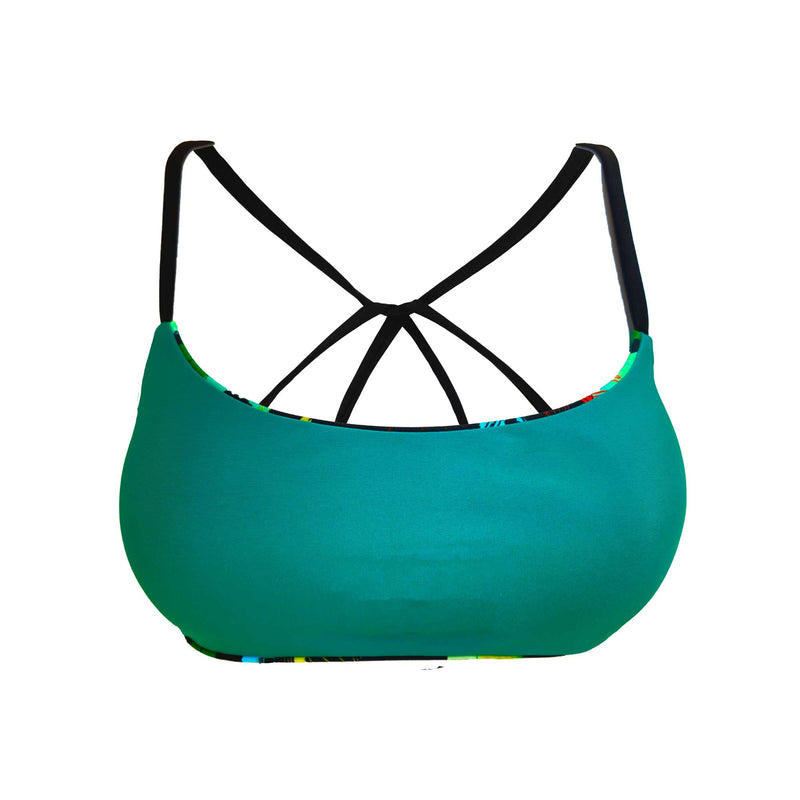A 3 D image of a bandeau front athletic bikini top with a cross back, solid blue green with black straps.