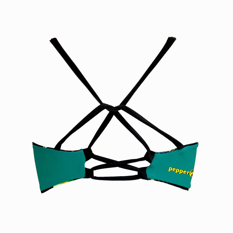 Back image of an athletic bikini top featuring a cross back design and Pepper Swimwear log, solid blue green with black straps.