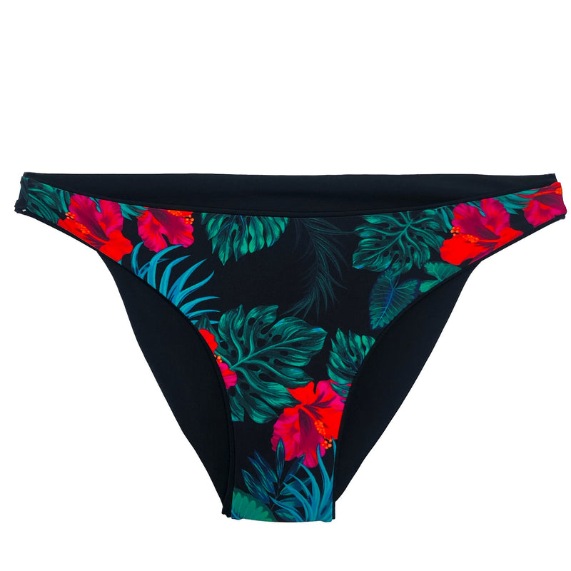 reversible sport bikini bottom modest mid rise black tropical hibiscus Sunset beach volleyball surfing Pepper Swimwear