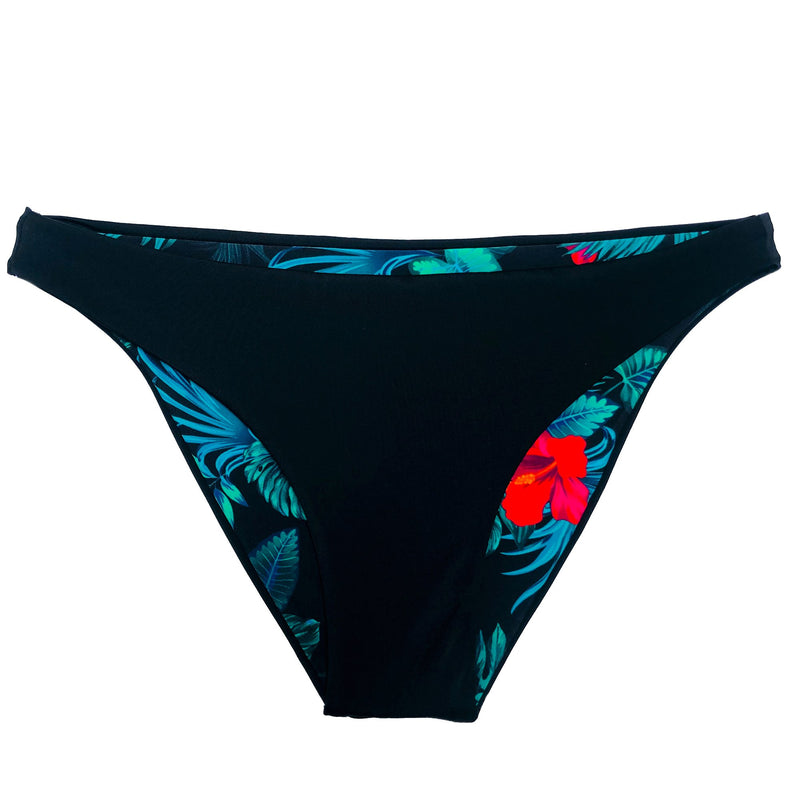 reversible sport bikini bottom modest mid rise black tropical hibiscus Sunset beach volleyball surfing Pepper Swimwear